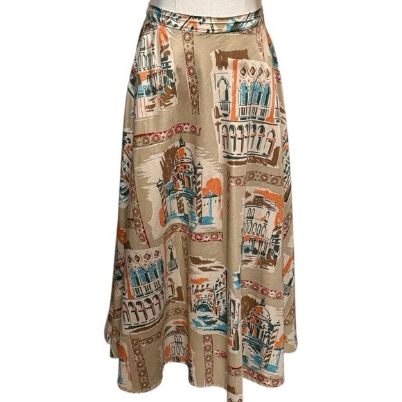 Vintage Kate Hill Size 10P Venice Italy Print Silk Blend Travel Artsy Midi Skirt - Picture 15 of 15